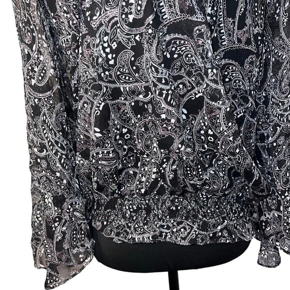 Nicole Miller Woman Size M, Sheer Black Gold Metallic Smocked FairyGoth Blouse - Picture 7 of 12